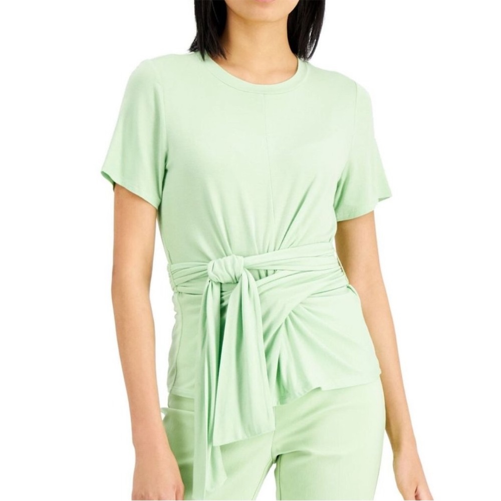 ALFANI Womens Green Stretch Short Sleeve Scoop Neck Top Petites
